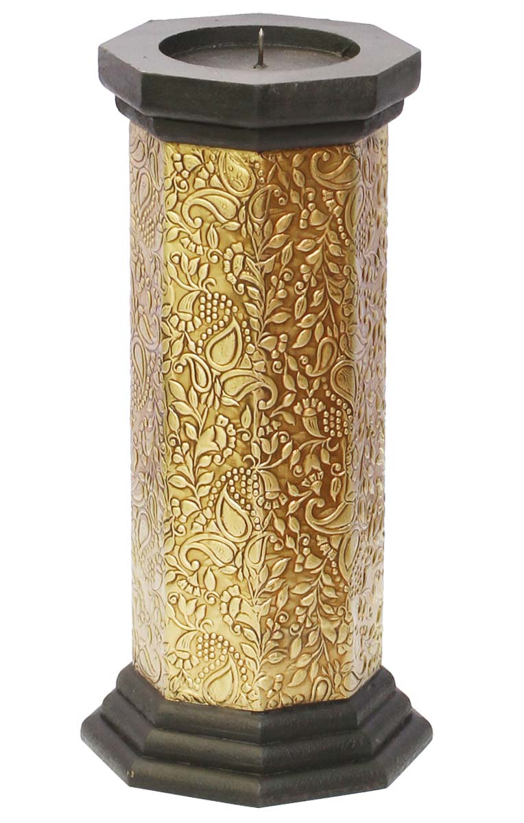 Bulk Wholesale Handmade 12” Black & Golden Pillar-Shaped Candle Stand / Tea-Light Holder in Wood Decorated with Brass Work – Antique-Look Home Décor from India