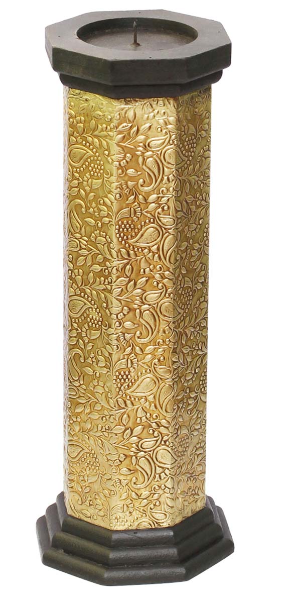 Bulk Wholesale Handmade 15” Black & Golden Pillar-Shaped Candle Stand / Tea-Light Holder in Wood Decorated with Brass Work – Antique-Look Home Décor from India