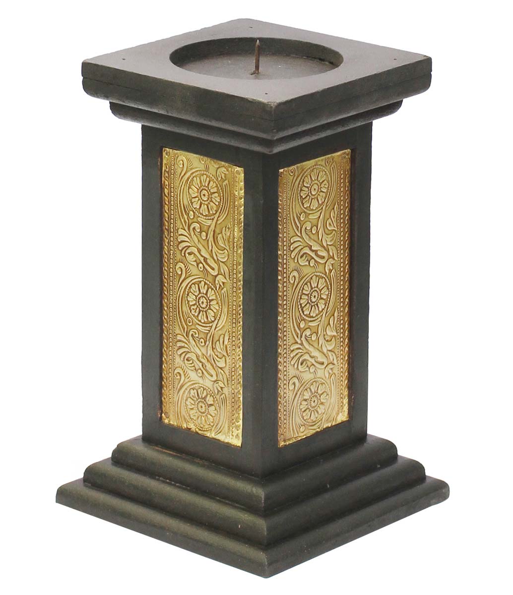 Bulk Wholesale Handmade 9” Black & Golden Square Pillar-Shaped Candle Stand / Tea-Light Holder in Wood Decorated with Brass Work – Antique-Look Home Décor from India
