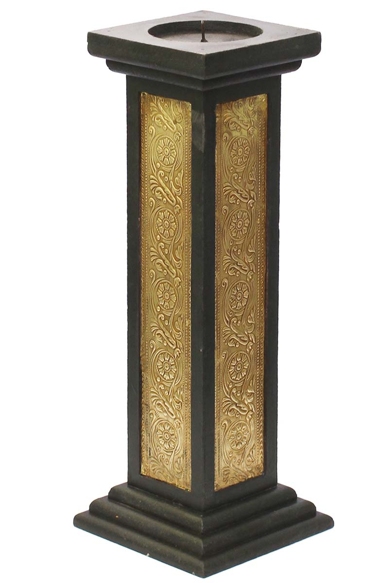 Bulk Wholesale Handmade 15” Black & Golden Square Pillar-Shaped Candle Stand / Tea-Light Holder in Wood Decorated with Brass Work – Antique-Look Home Décor from India