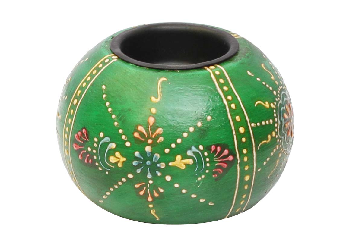 Bulk Wholesale Handmade 3.5” Green Round Candle Stand / Tea-Light Holder in Wood Decorated with Colorful Cone-Painting Art – Antique-Look Home Décor from India