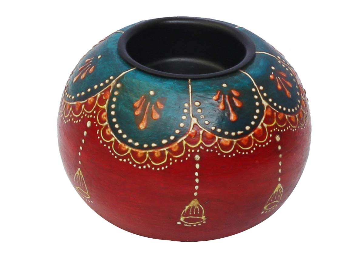 Bulk Wholesale Handmade 3.5” Red & Dark-Blue Round Candle Stand / Tea-Light Holder in Wood Decorated with Colorful Cone-Painting Art – Antique-Look Home Décor from India