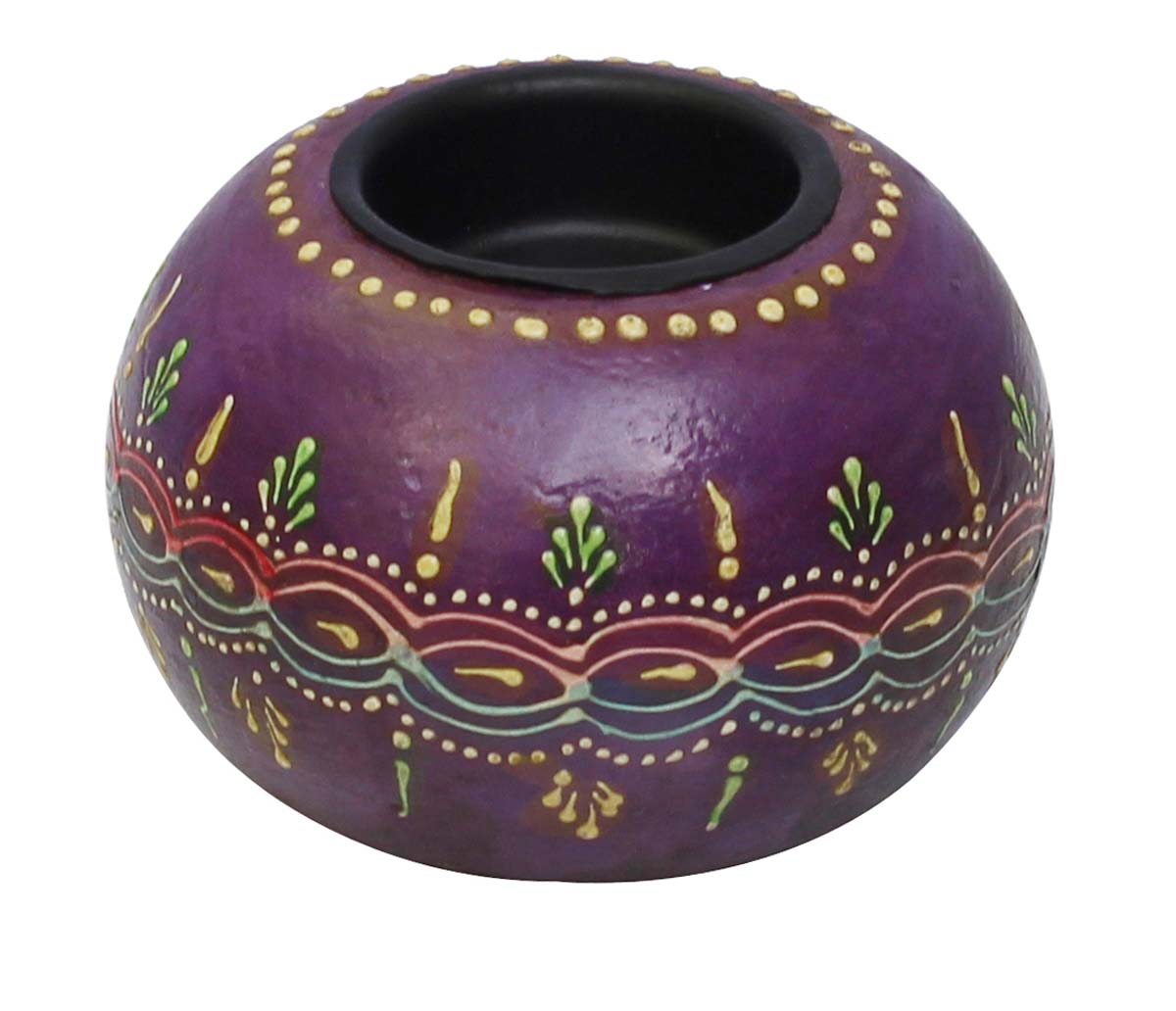 Bulk Wholesale Handmade 3.5” Purple Round Candle Stand / Tea-Light Holder in Wood Decorated with Colorful Cone-Painting Art – Antique-Look Home Décor from India