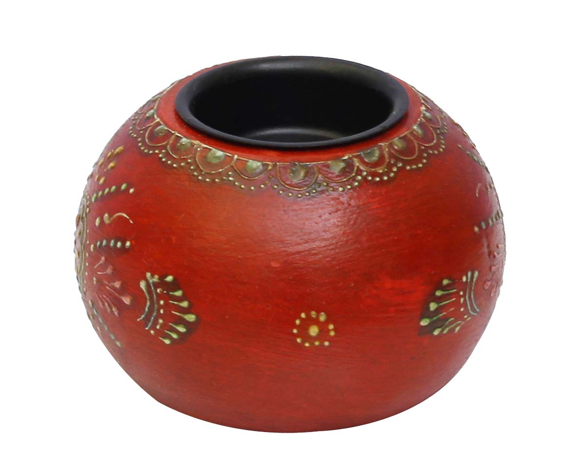 Bulk Wholesale Handmade 3.5” Orange Round Candle Stand / Tea-Light Holder in Wood Decorated with Colorful Cone-Painting Art – Antique-Look Home Décor from India