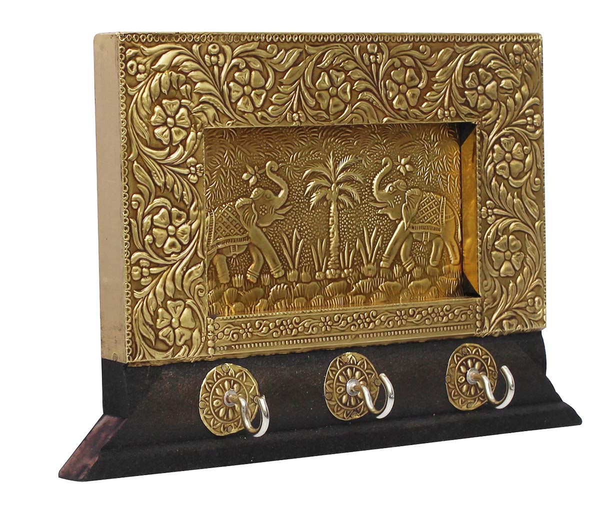 Bulk Wholesale Hand-Embossed 9” Wooden Black & Golden Wall-Hanging Key Stand with 3 Holders – Art-Piece Decorated with Traditional Style Motifs & Elephants – Antique-Look Home Décor / Essentials