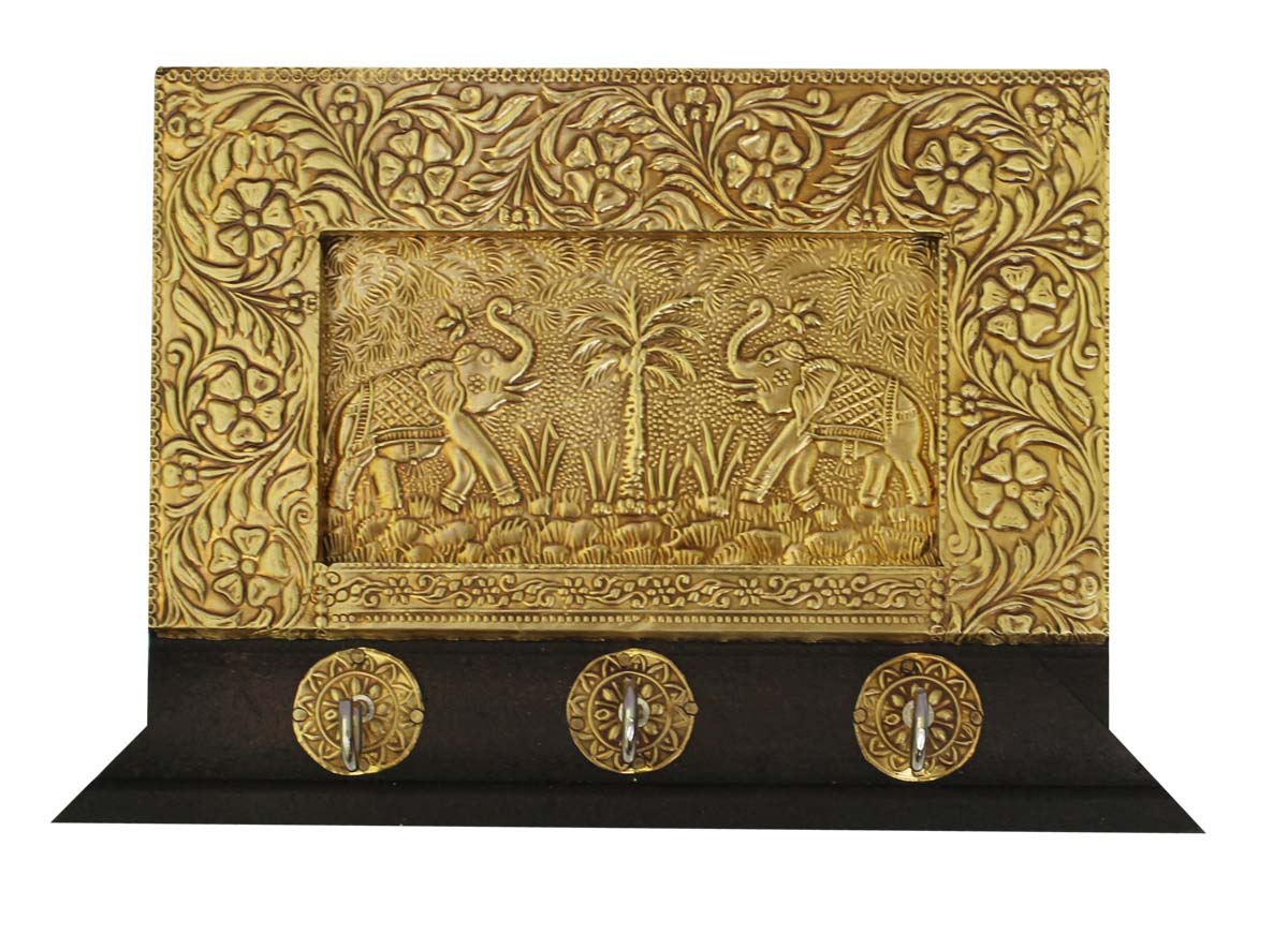 Bulk Wholesale Hand-Embossed 9” Wooden Black & Golden Wall-Hanging Key Stand with 3 Holders – Art-Piece Decorated with Traditional Style Motifs & Elephants – Antique-Look Home Décor / Essentials