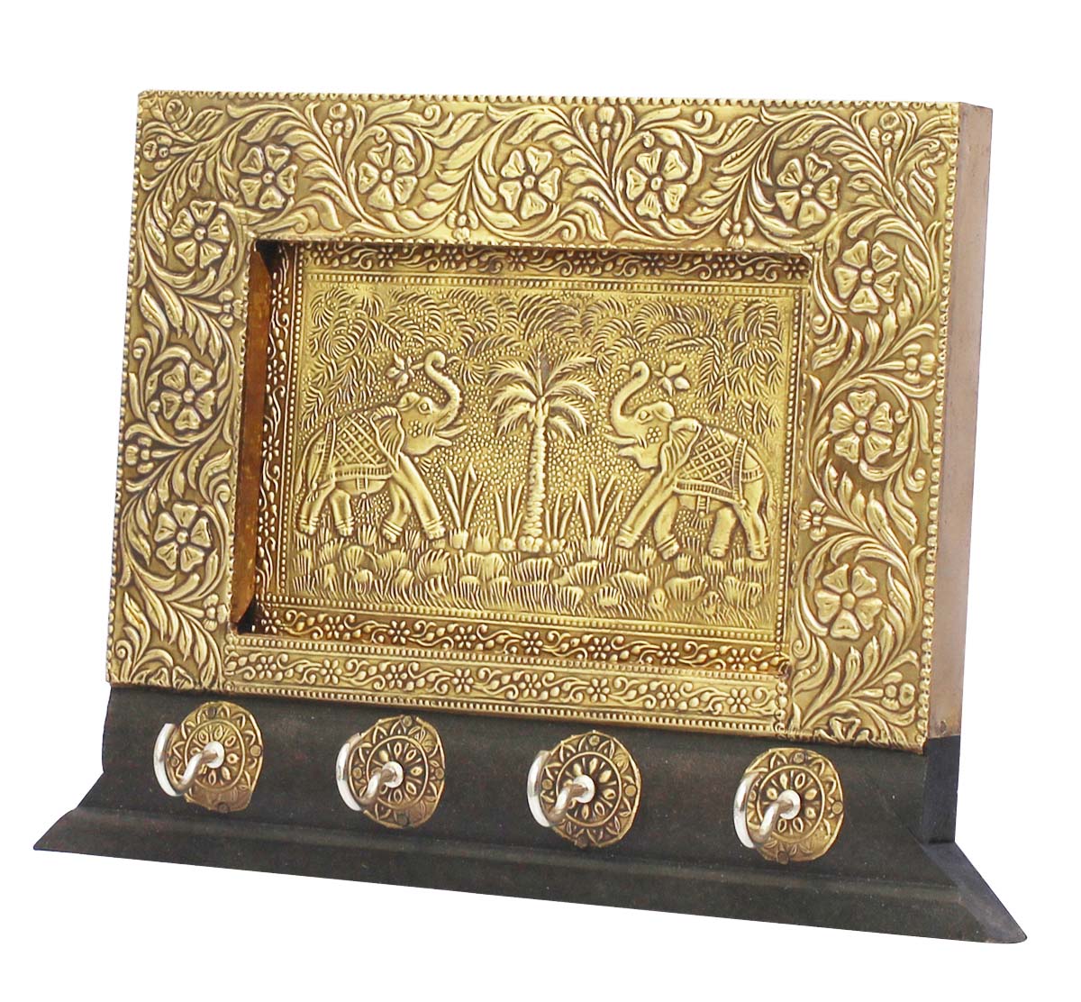Bulk Wholesale Hand-Embossed 9.5” Wooden Black & Golden Wall-Hanging Key Stand with 4 Holders – Art-Piece Decorated with Traditional Style Motifs & Elephants – Antique-Look Home Décor / Essentials