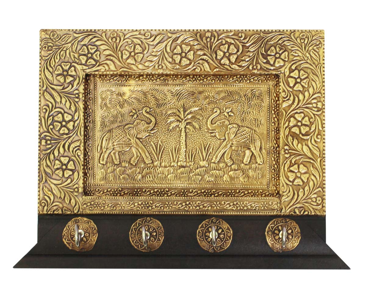 Bulk Wholesale Hand-Embossed 9.5” Wooden Black & Golden Wall-Hanging Key Stand with 4 Holders – Art-Piece Decorated with Traditional Style Motifs & Elephants – Antique-Look Home Décor / Essentials