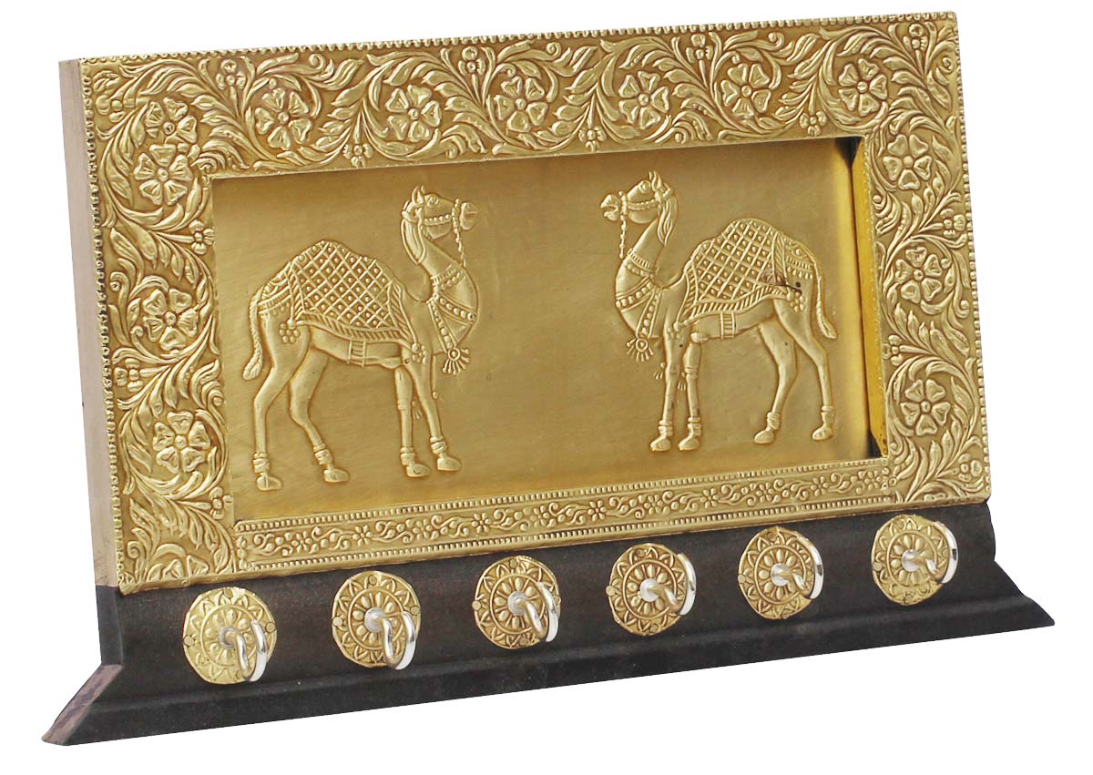 Bulk Wholesale Hand-Embossed 11.5” Wooden Black & Golden Wall-Hanging Key Stand with 6 Holders – Art-Piece Decorated in Traditional Style Motifs & Camels – Antique-Look Home Décor / Essentials