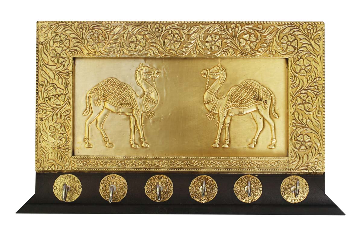 Bulk Wholesale Hand-Embossed 11.5” Wooden Black & Golden Wall-Hanging Key Stand with 6 Holders – Art-Piece Decorated in Traditional Style Motifs & Camels – Antique-Look Home Décor / Essentials