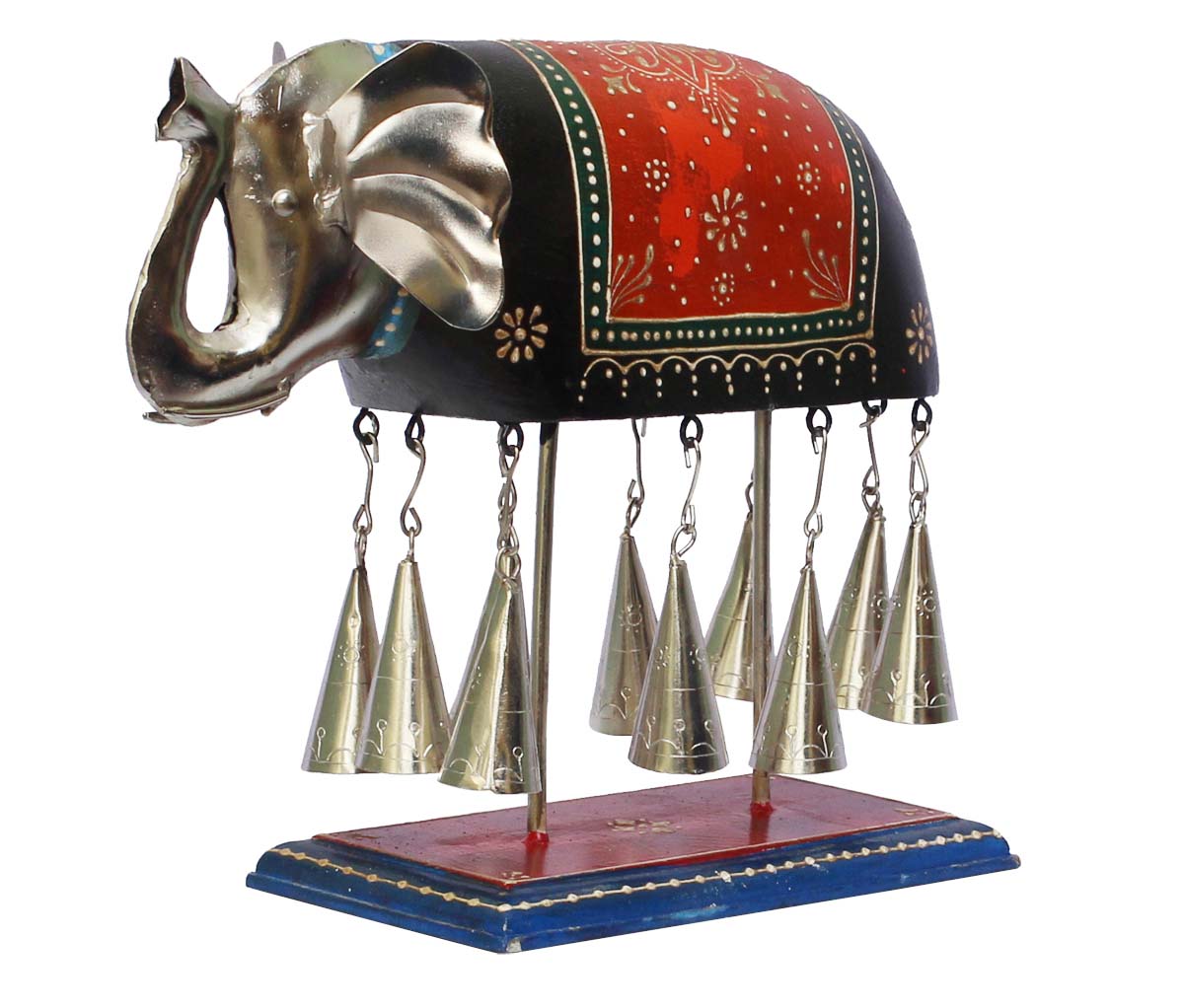 Bulk Wholesale Handmade 12” Mango-Wood Decoration Piece of Black & Orange Elephant with 10 Metal Bells – Feng Shui Home Décor from India