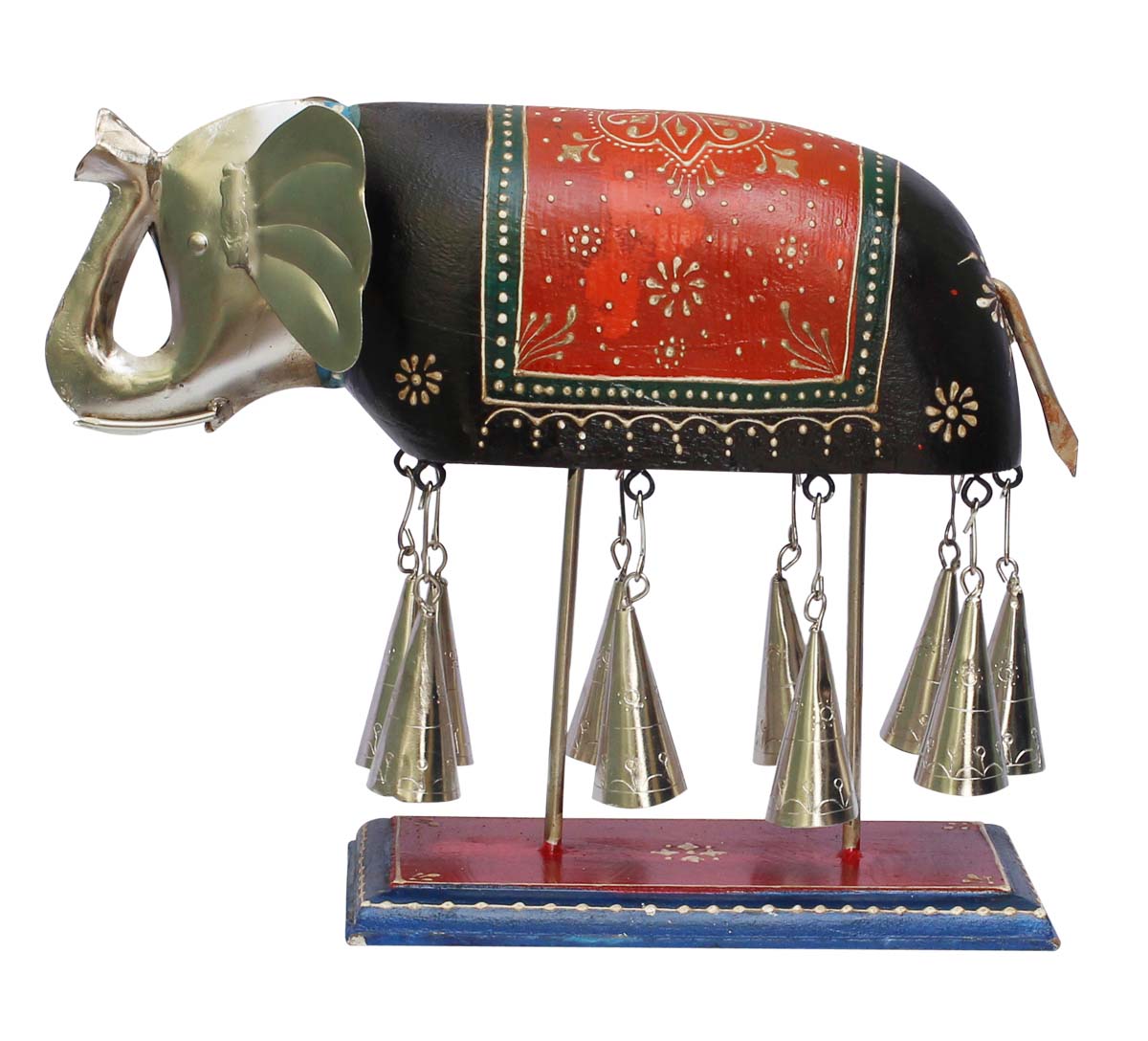 Bulk Wholesale Handmade 12” Mango-Wood Decoration Piece of Black & Orange Elephant with 10 Metal Bells – Feng Shui Home Décor from India