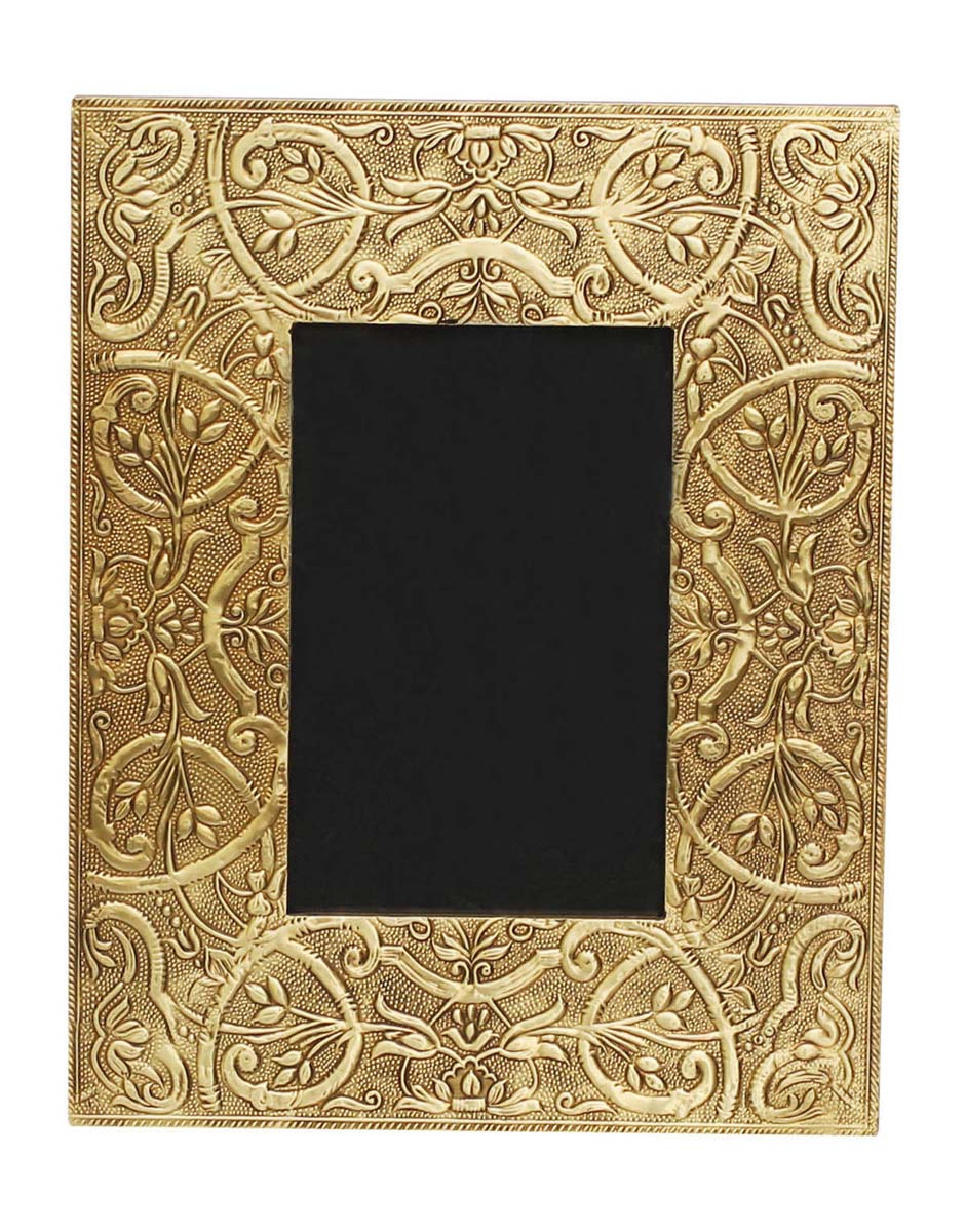 Bulk Buy 4x6 Inches Wooden Picture Frame in Black & Golden Color - Wholesale Handmade Wooden Photo Frame Decorated with Brass Embossing in Traditional-Look Motifs - Home Decor Picture Frames from India