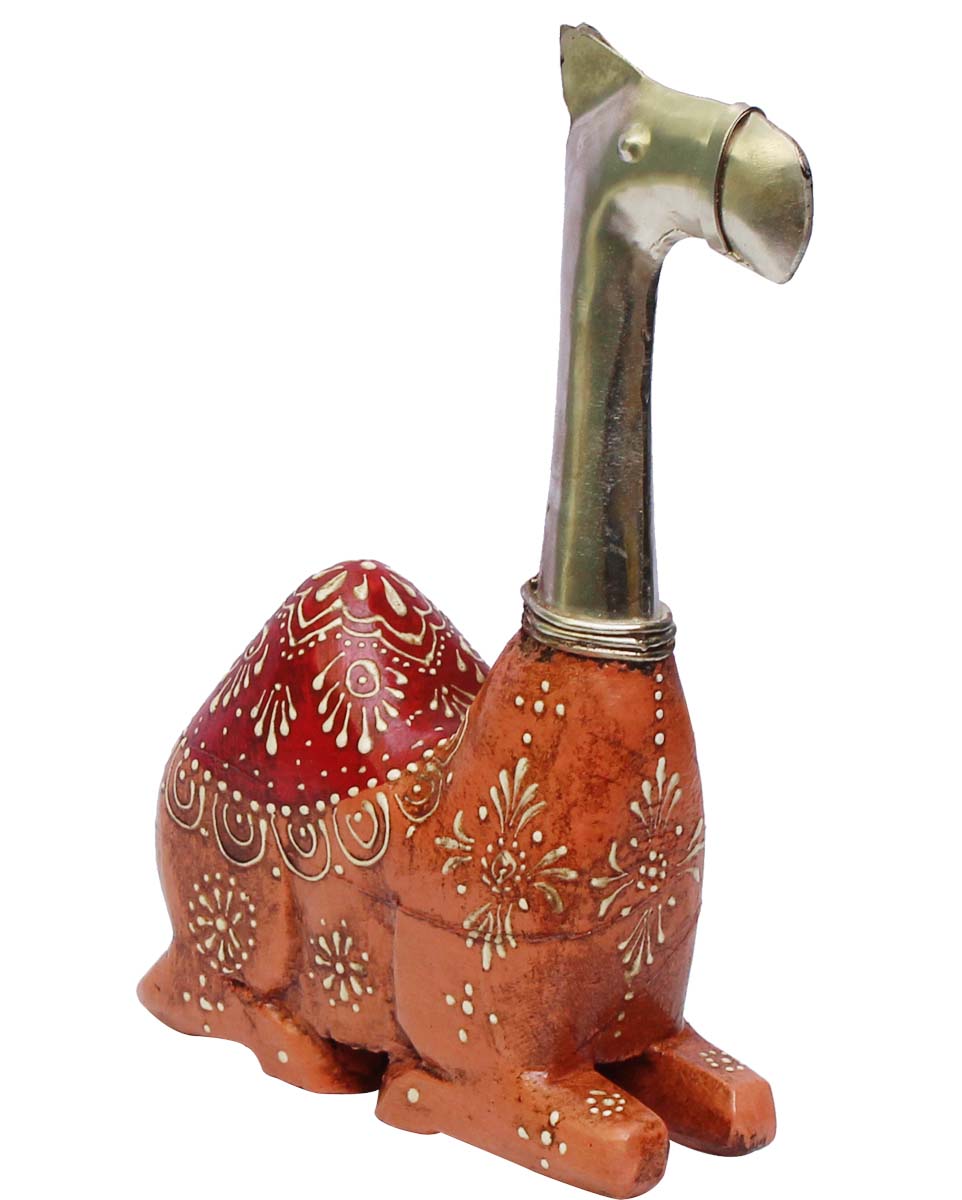 Bulk Wholesale Hand-Crafted 7.5” Wood & Metal Sculpture / Figurine of Sitting Camel in Peach & Red Color Enhanced with Old World Cone-Painting Art – Ethnic-Look Home Décor from India