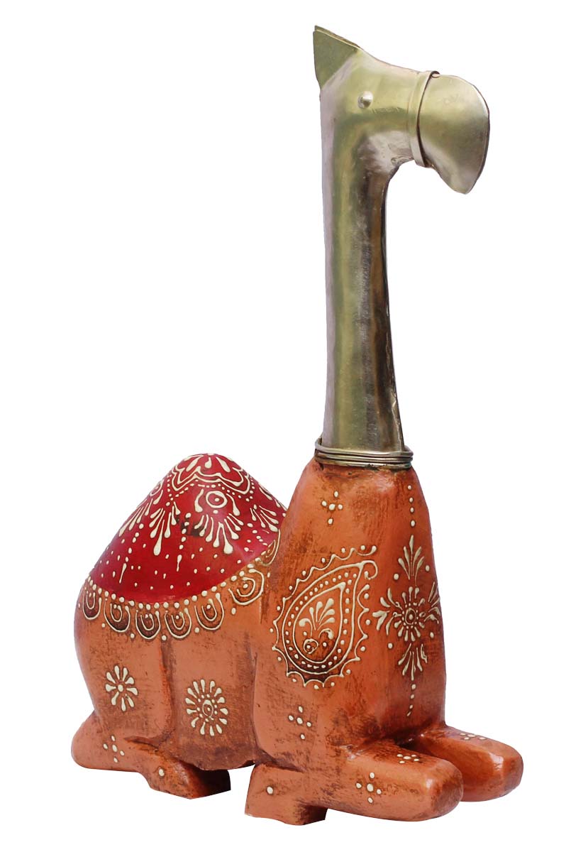 Bulk Wholesale Hand-Crafted 10” Wood & Metal Sculpture / Figurine of Sitting Camel in Peach & Red Color Enhanced with Old World Cone-Painting Art – Ethnic-Look Home Décor from India