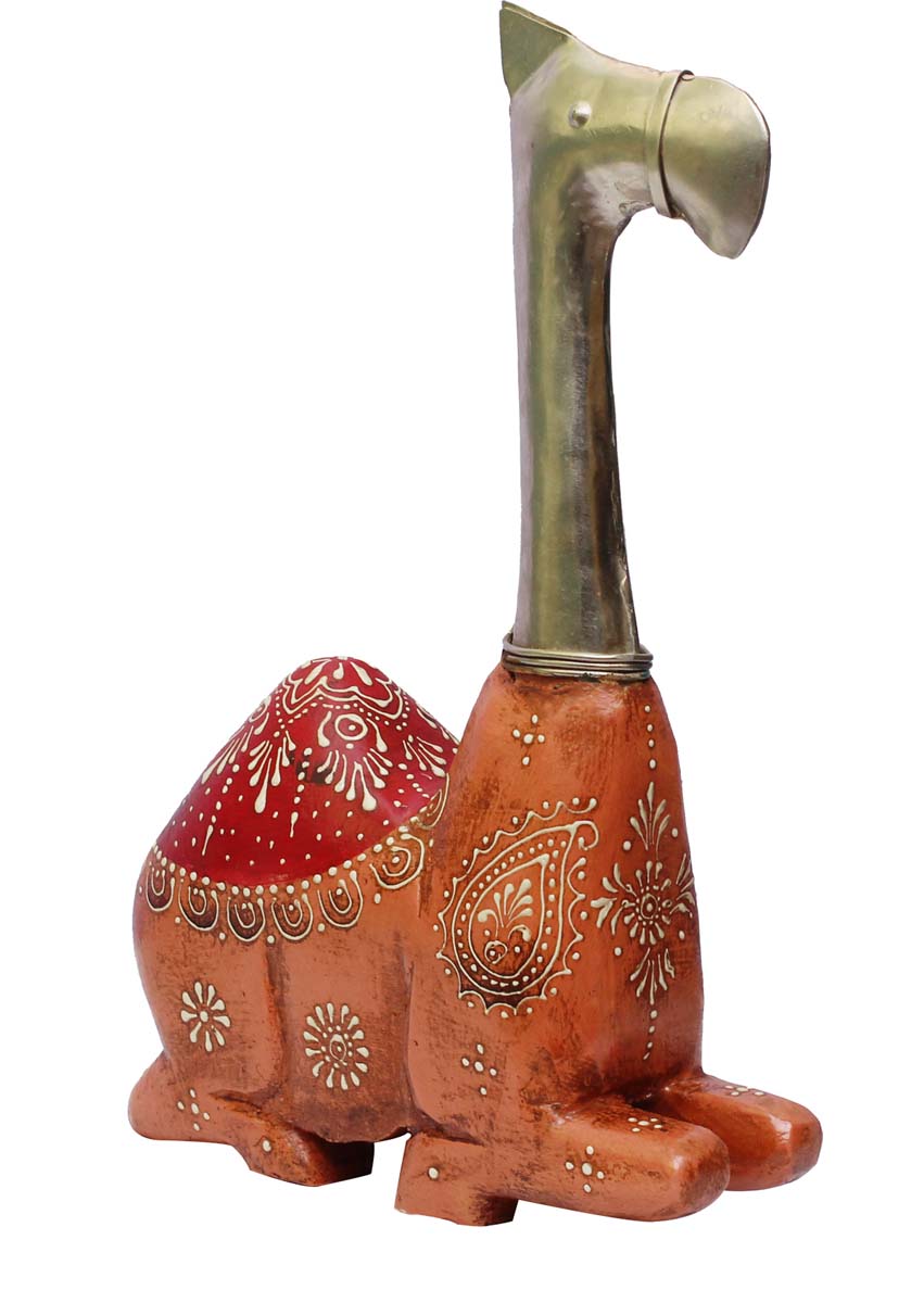 Bulk Wholesale Hand-Crafted 12” Wood & Metal Sculpture / Figurine of Sitting Camel in Peach & Red Color Enhanced with Old World Cone-Painting Art – Ethnic-Look Home Décor from India