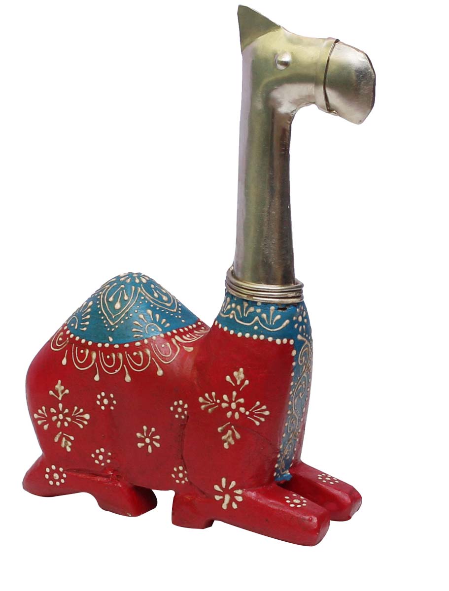 Bulk Wholesale Hand-Crafted 7.5” Wood & Metal Sculpture / Figurine of Sitting Camel in Red & Blue Color Enhanced with Old World Cone-Painting Art – Ethnic-Look Home Décor from India
