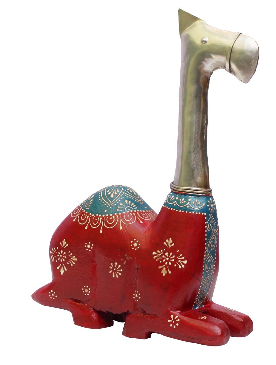 Bulk Wholesale Hand-Crafted 10” Wood & Metal Sculpture / Figurine of Sitting Camel in Red & Blue Color Enhanced with Old World Cone-Painting Art – Ethnic-Look Home Décor from India