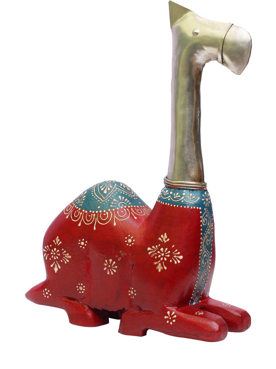 Bulk Wholesale Hand-Crafted 12” Wood & Metal Sculpture / Figurine of Sitting Camel in Red & Blue Color Enhanced with Old World Cone-Painting Art – Ethnic-Look Home Decor from India