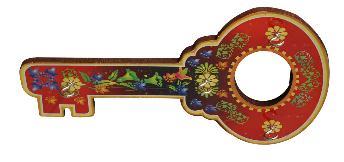 Bulk Wholesale Hand-Crafted 10” MDF Key-Shaped Wall Hanging Key Stand with 4 Holders Painted in Red Color – Unique Home Décor / Essentials from India