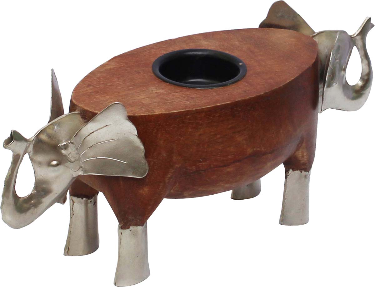Bulk Wholesale Hand-Crafted 10” Wooden Candle-Holder / Stand in Brown Decorated with 2 Elephant Faces in Metal – Artistic Home Décor from India