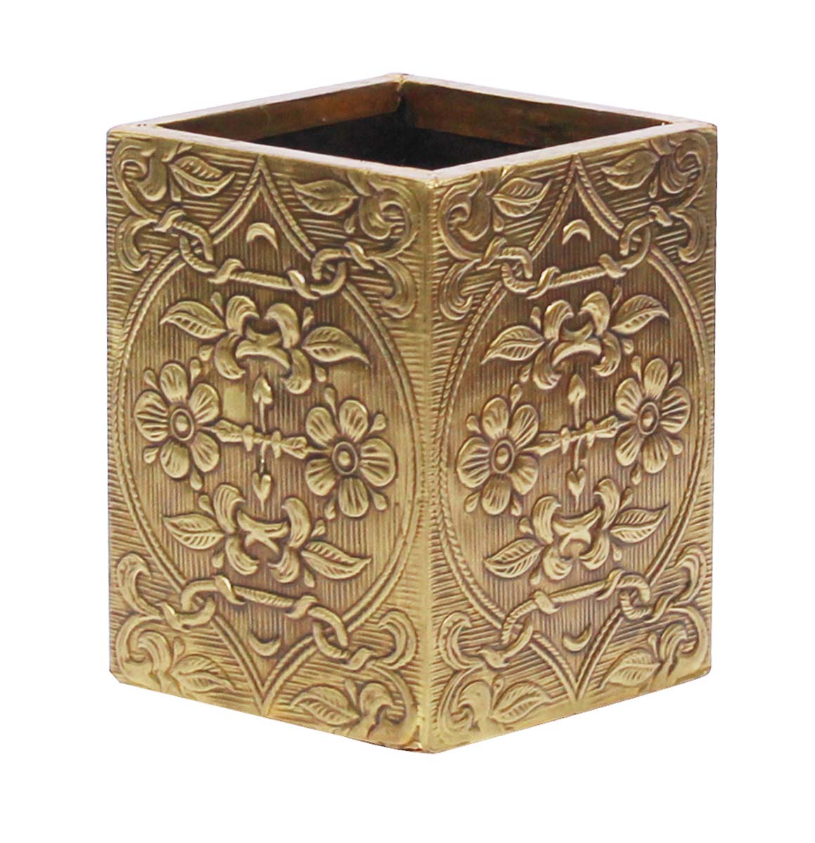 Bulk Wholesale Handmade 4” MDF Black Pen-Stand / Holder Decorated with Golden Brass Embossing – Antique-Look Office / Desk Essentials from India