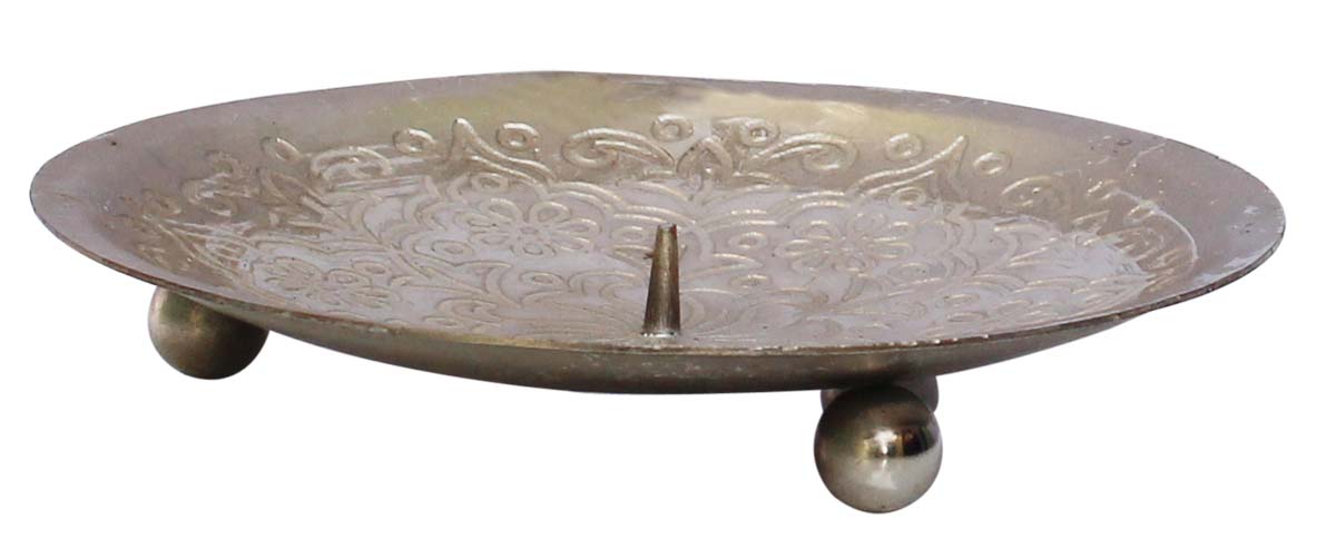 Bulk Wholesale Hand-Embossed 10” Metal Bowl-Shaped Candle-Holder / Stand in Silver Color Decorated with an Intricate Traditional-Look Motifs – Antique Home Décor from India