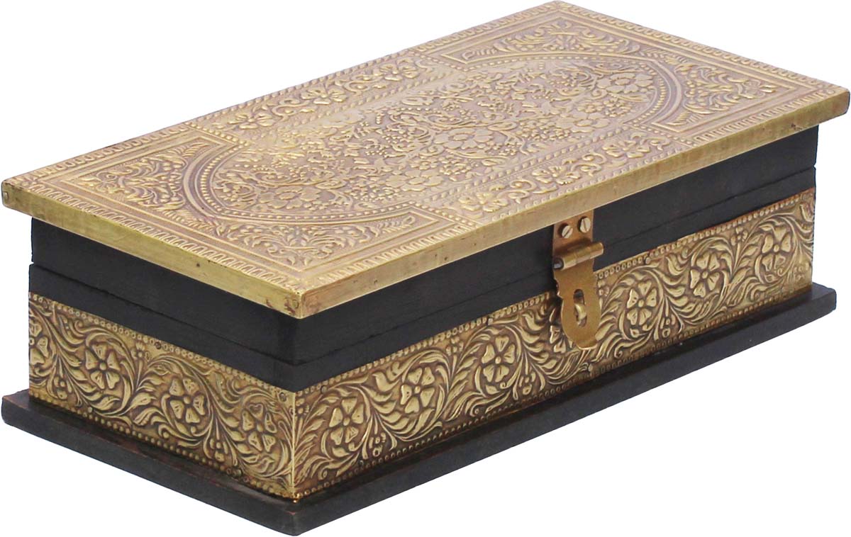 10” Wooden Black Jewelry Box in Bulk - Wholesale Handmade Rectangular Black Jewelry Box/Trinket Box Enhanced with Golden Brass Embossing in Traditional-Look Motifs from India