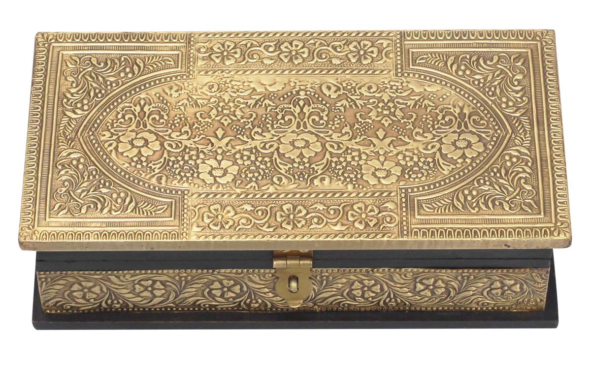 10” Wooden Black Jewelry Box in Bulk - Wholesale Handmade Rectangular Black Jewelry Box/Trinket Box Enhanced with Golden Brass Embossing in Traditional-Look Motifs from India