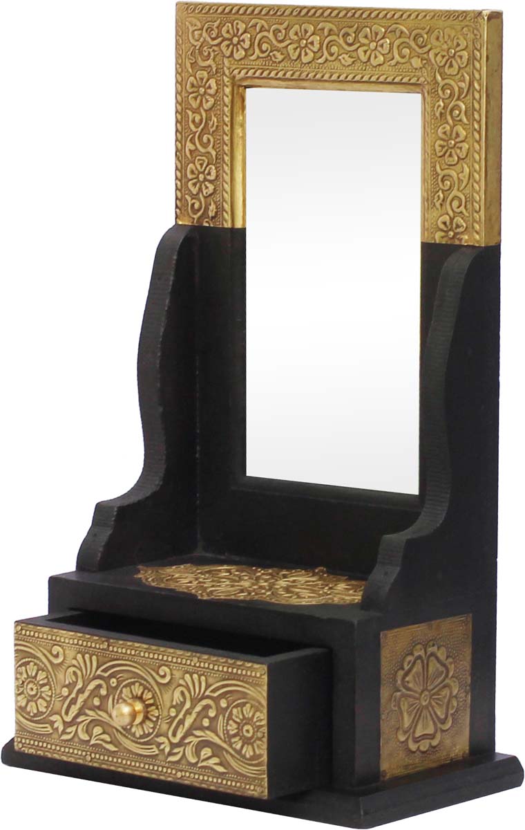 Bulk Buy 11.5” Wooden Black Jewelry Box - Wholesale Handmade Wood Small Dressing Mirror with a Chest Drawer - Antique-Look Jewelry Box/Trinket Box a Mirror Decorated with Golden Brass Embossing from India