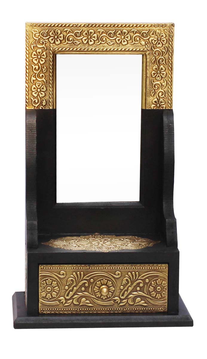Bulk Buy 11.5” Wooden Black Jewelry Box - Wholesale Handmade Wood Small Dressing Mirror with a Chest Drawer - Antique-Look Jewelry Box/Trinket Box a Mirror Decorated with Golden Brass Embossing from India