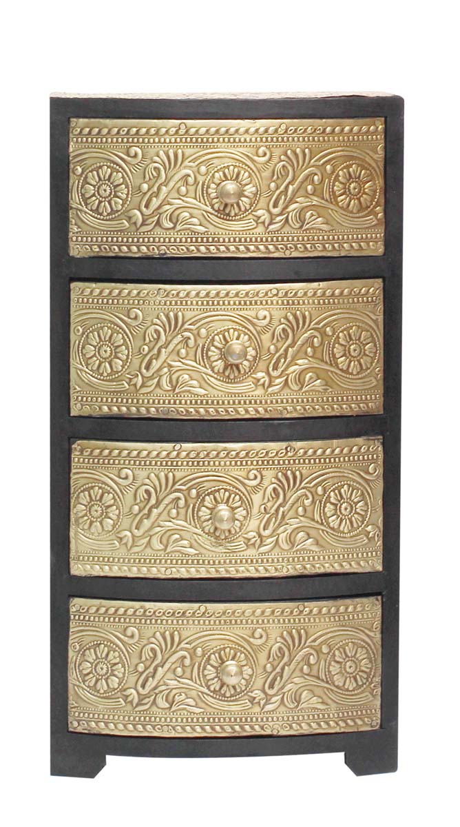 Wholesale 11.5” Wooden Jewelry Box in Bulk - Source Handmade Black Keepsake Box/Trinket Box with 4 Drawers Enhanced with Golden Brass Inlay Work in Traditional-Look Motifs from India