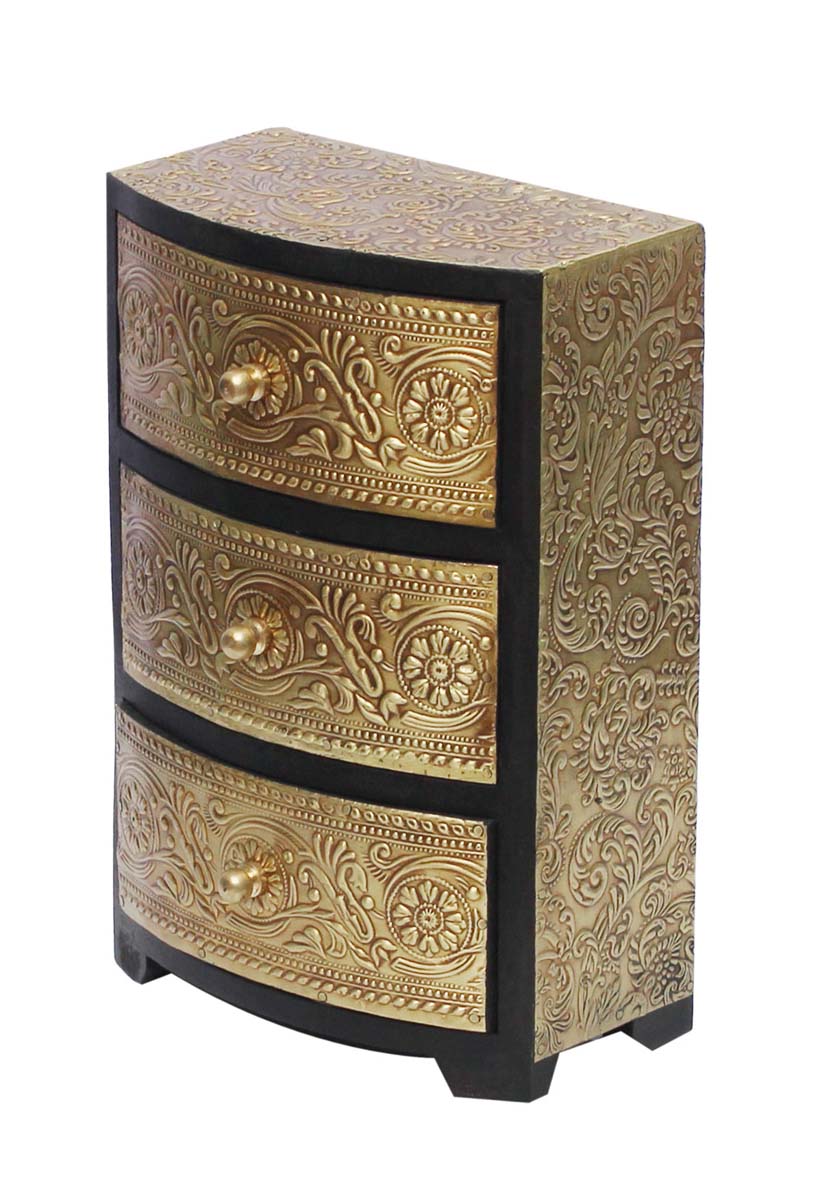 9” Wooden Black Jewelry Box in Bulk - Wholesale Handmade Keepsake Box/Trinket Box with 3 Chest Drawers Enhanced with Golden Brass Inlay Work in Traditional-Look Motifs from India