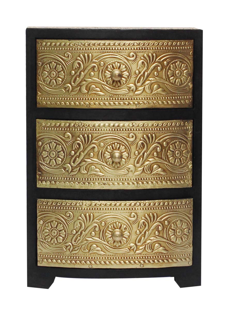 9” Wooden Black Jewelry Box in Bulk - Wholesale Handmade Keepsake Box/Trinket Box with 3 Chest Drawers Enhanced with Golden Brass Inlay Work in Traditional-Look Motifs from India
