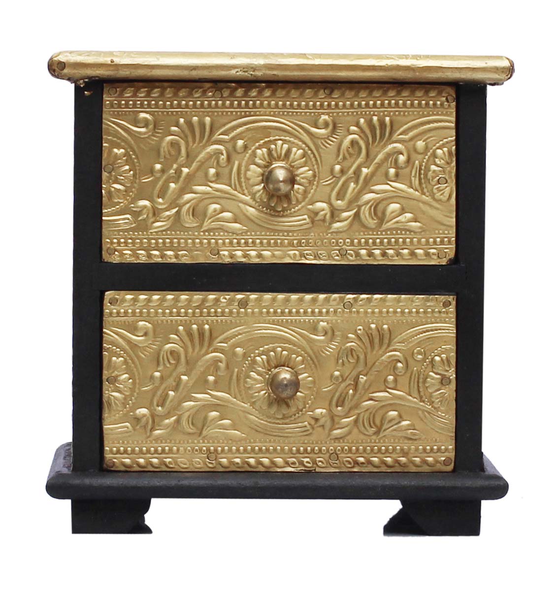 Source 6” Wooden Black Jewelry Box in Bulk - Wholesale Handmade Wood Jewelry Box/Trinket Box with 2 Chest Drawers Decorated with Brass Embossing from India