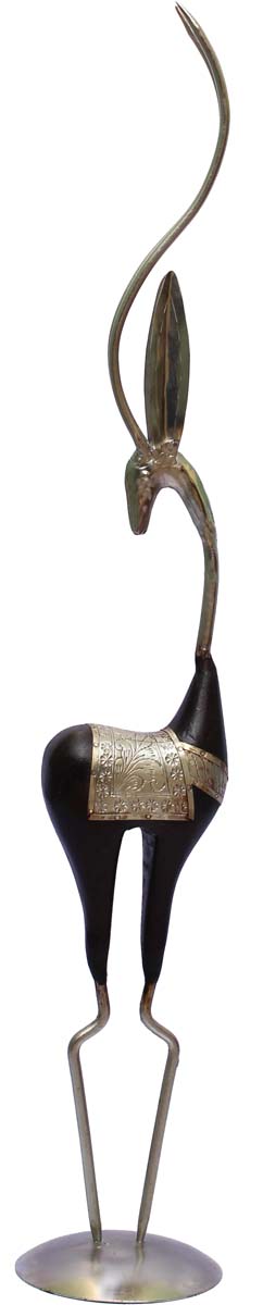 Bulk Wholesale Hand-Crafted 32” Wood & Metal Sculpture / Figurine of Standing Deer in Black & Silver Color & Enhanced with Traditional-Look Motifs – Ethnic-Look Home Décor from India