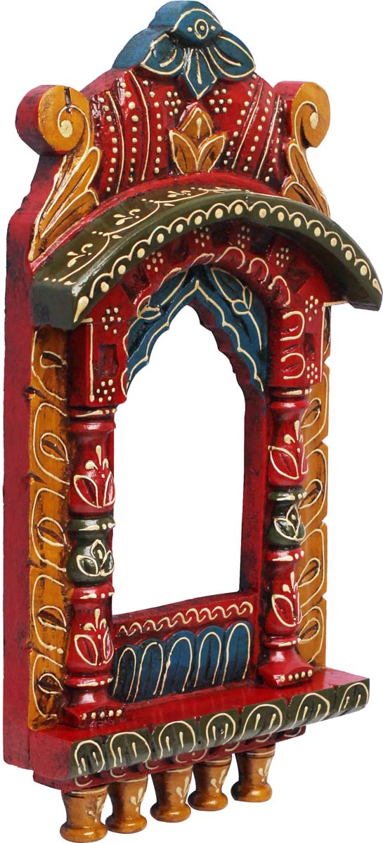 Bulk Wholesale Hand-Carved 17” Wall-Hanging Wooden Window-Shaped Jharokha in Red, Blue, Mustard Color  – Ethnic-Look Home Décor with Old Cone-Painting Art of India