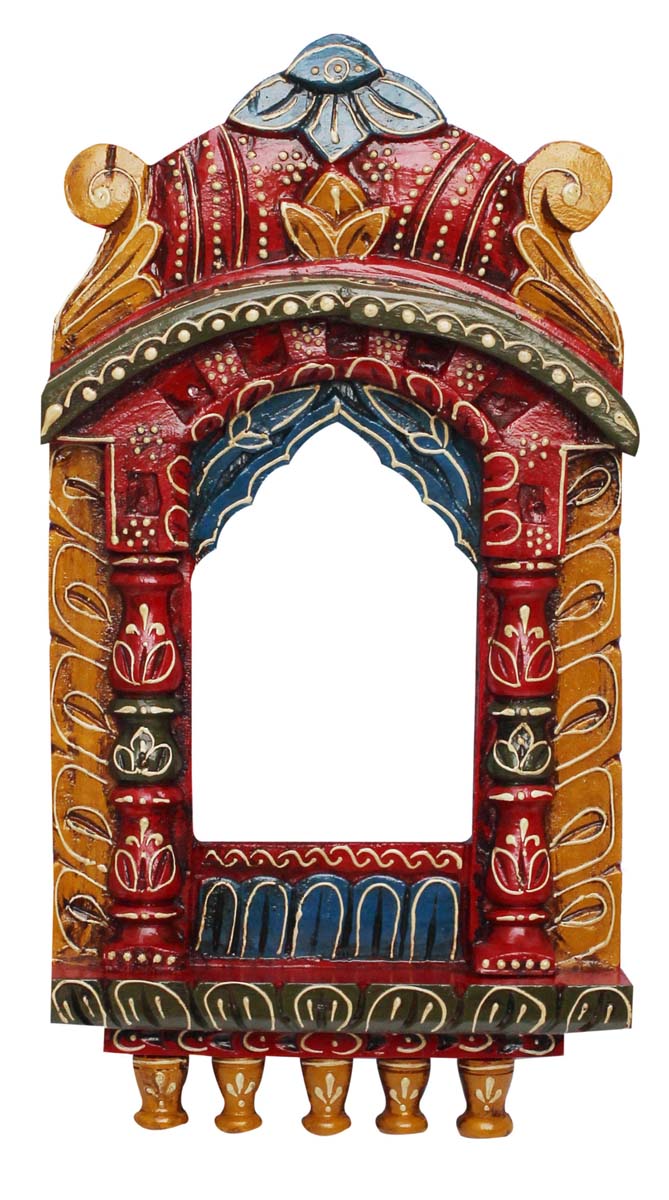 Bulk Wholesale Hand-Carved 17” Wall-Hanging Wooden Window-Shaped Jharokha in Red, Blue, Mustard Color  – Ethnic-Look Home Décor with Old Cone-Painting Art of India