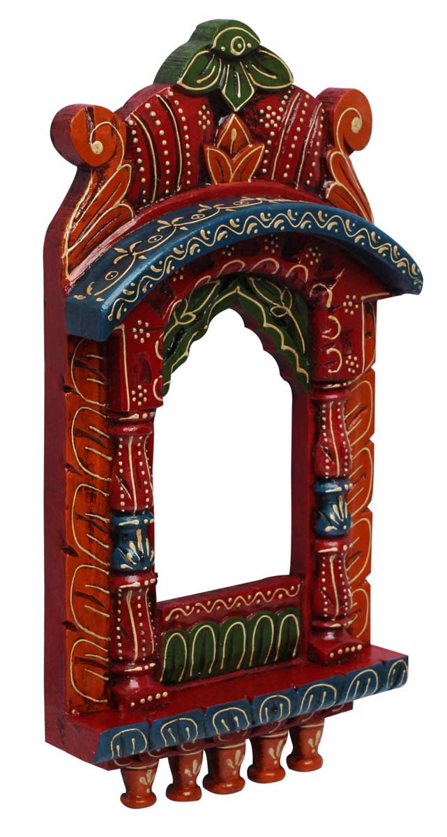 Bulk Wholesale Hand-Carved 17” Wall-Hanging Wooden Window-Shaped Jharokha in Red, Blue, Orange Color  – Ethnic-Look Home Décor with Old Cone-Painting Art of India