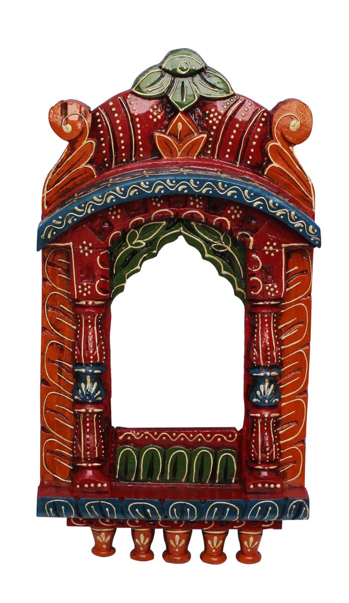 Bulk Wholesale Hand-Carved 17” Wall-Hanging Wooden Window-Shaped Jharokha in Red, Blue, Orange Color  – Ethnic-Look Home Décor with Old Cone-Painting Art of India