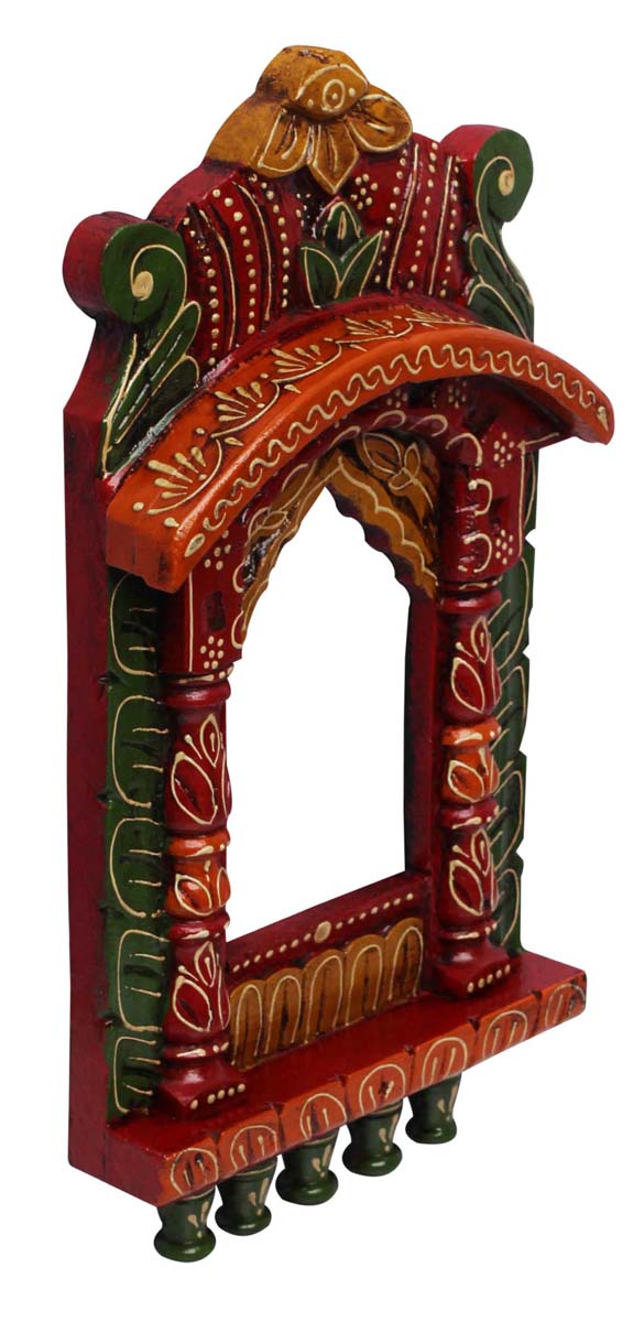 Bulk Wholesale Hand-Carved 17” Wall-Hanging Wooden Window-Shaped Jharokha in Red, Green, Mustard Color  – Ethnic-Look Home Décor with Old Cone-Painting Art of India