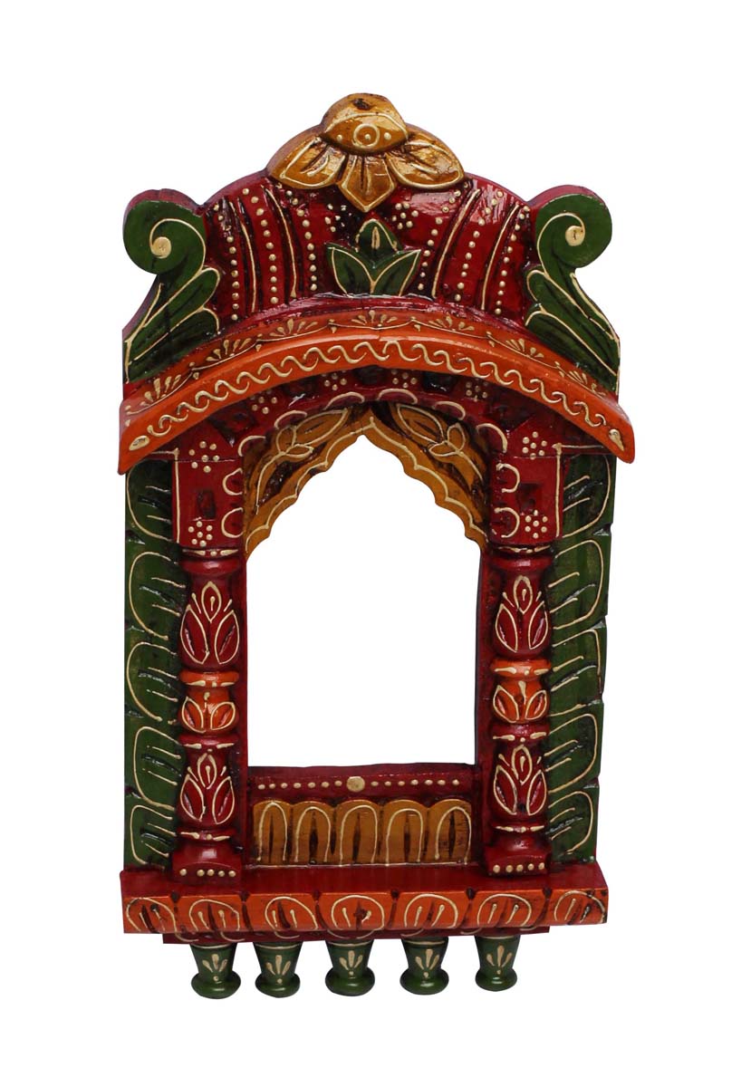 Bulk Wholesale Hand-Carved 17” Wall-Hanging Wooden Window-Shaped Jharokha in Red, Green, Mustard Color  – Ethnic-Look Home Décor with Old Cone-Painting Art of India
