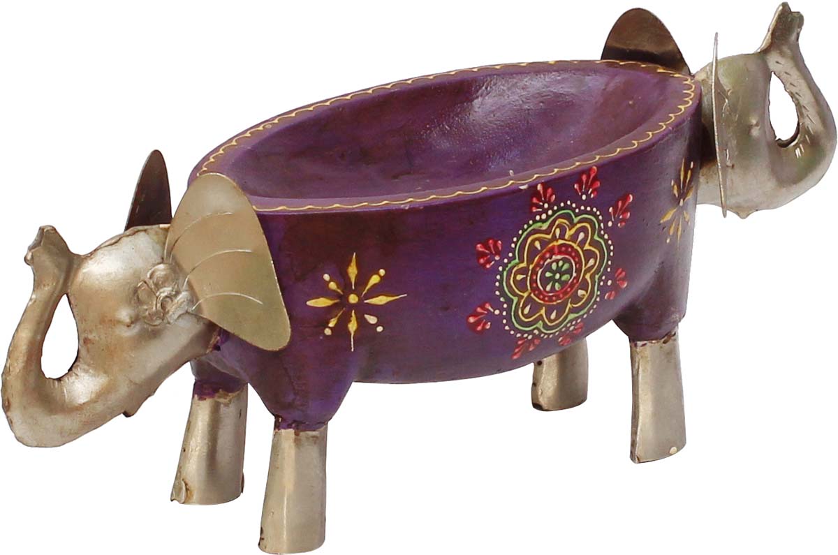 Bulk Wholesale Hand-Crafted 11” Wooden Decorative Piece / Bowl in Purple & Silver Color Decorated with 2 Elephant Faces in Metal & Colorful Cone-Painting Art – Artistic Home Décor from India