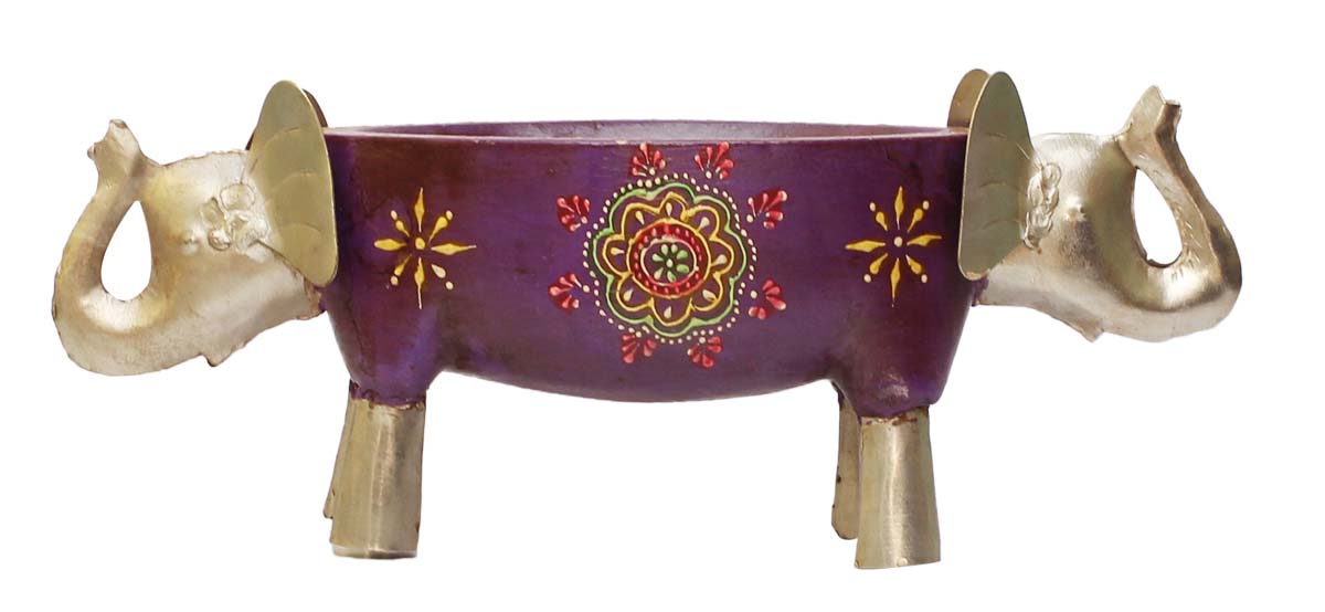 Bulk Wholesale Hand-Crafted 11” Wooden Decorative Piece / Bowl in Purple & Silver Color Decorated with 2 Elephant Faces in Metal & Colorful Cone-Painting Art – Artistic Home Décor from India