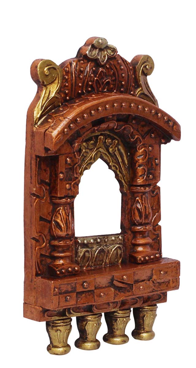 Bulk Wholesale Hand-Carved 9.1” Wall-Hanging Wooden Window-Shaped Jharokha in Copper & Golden Color – Ethnic-Look Home Décor with Old Cone-Painting Art of India