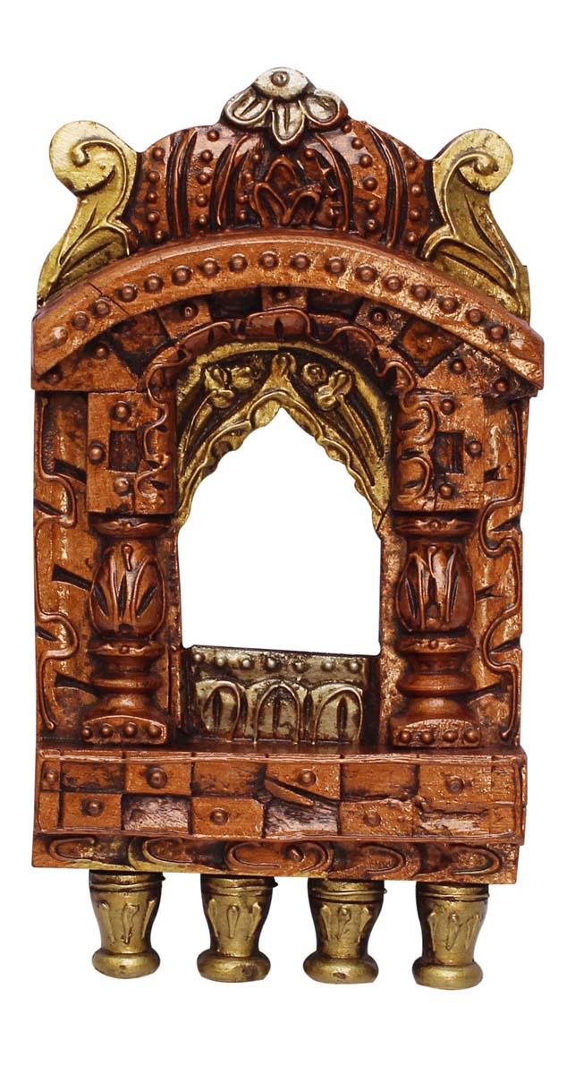 Bulk Wholesale Hand-Carved 9.1” Wall-Hanging Wooden Window-Shaped Jharokha in Copper & Golden Color – Ethnic-Look Home Décor with Old Cone-Painting Art of India