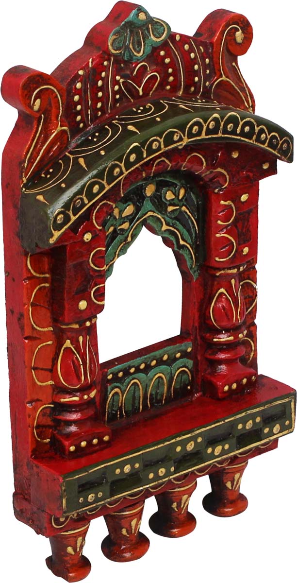 Bulk Wholesale Hand-Carved 9.1” Wall-Hanging Wooden Window-Shaped Jharokha in Red & Green Color – Ethnic-Look Home Décor with Old Cone-Painting Art of India