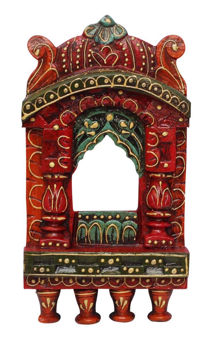 Bulk Wholesale Hand-Carved 9.1” Wall-Hanging Wooden Window-Shaped Jharokha in Red & Green Color – Ethnic-Look Home Décor with Old Cone-Painting Art of India