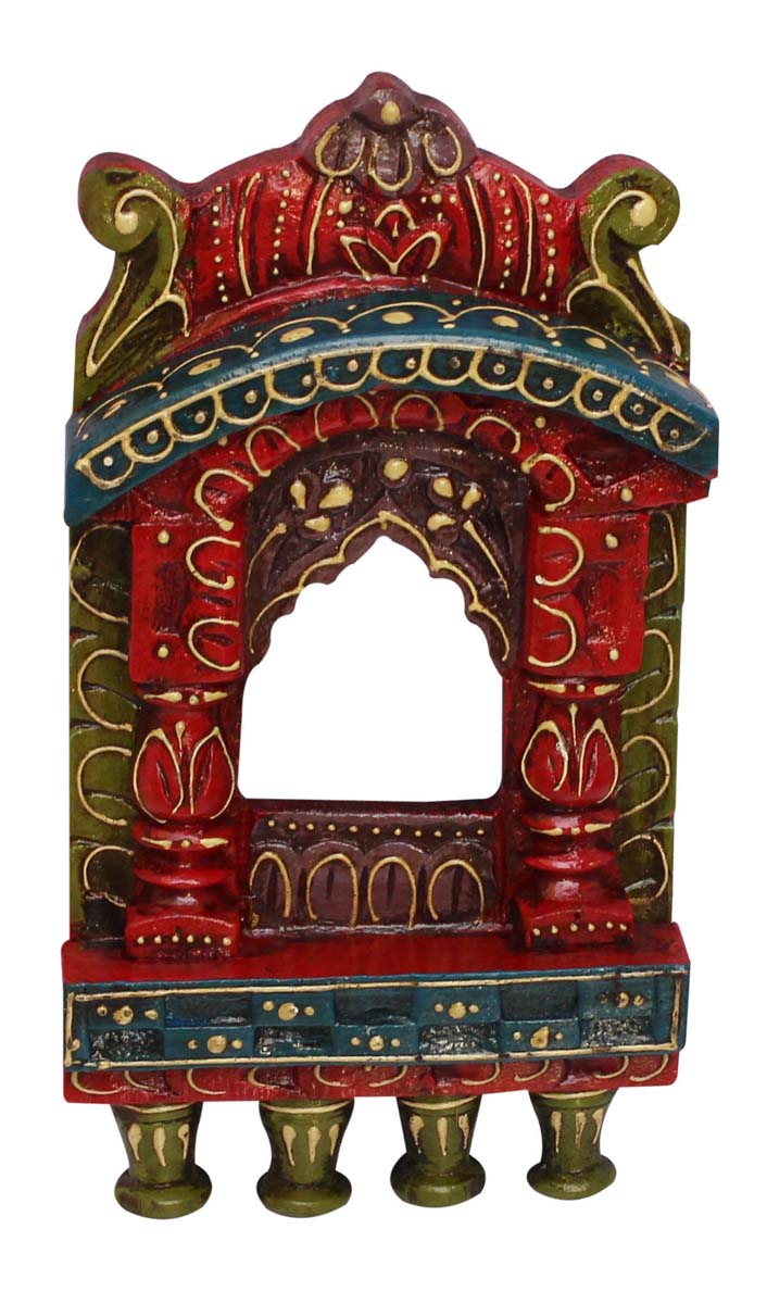 Bulk Wholesale Hand-Carved 9.1” Wall-Hanging Wooden Window-Shaped Jharokha in Red, Blue & Green Color – Ethnic-Look Home Décor with Old Cone-Painting Art of India