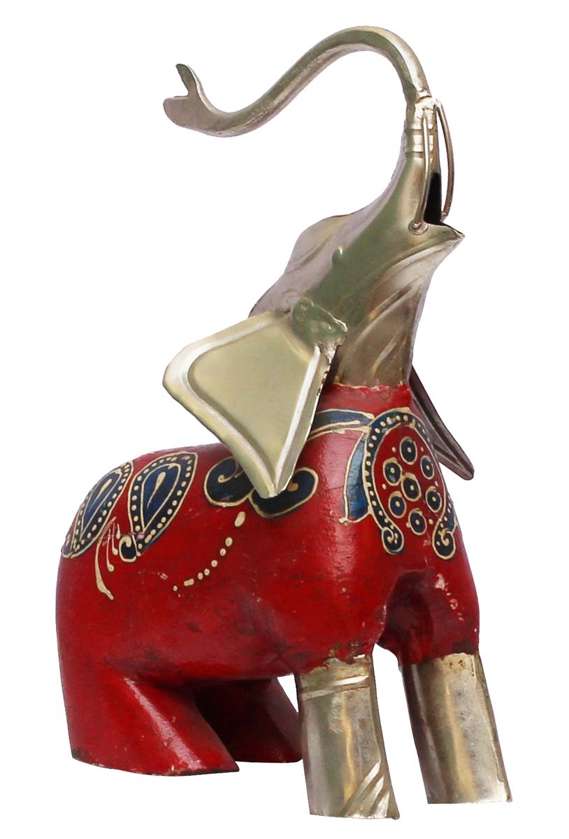 Bulk Wholesale Hand-Crafted 10” Wood & Metal Sculpture / Figurine of Trunk-Up Sitting Elephant in Red, Blue & Silver Color & Enhanced with Traditional-Look Motifs – Ethnic-Look Home Décor from India